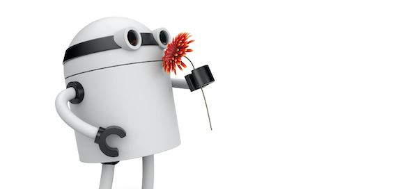 Small friendly robot holding a red flower